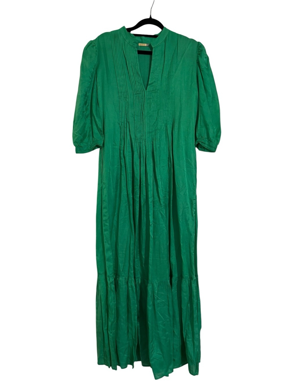 Matta NY Green Cotton Silk Maxi Dress Pintuck Puff Sleeve Size XS